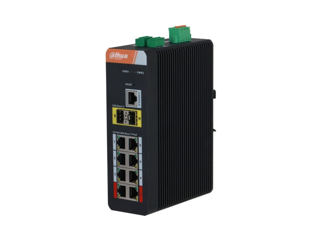 Dahua PFS4210-8GT-DP — индустриалният PoE комутатор с 8 порта + 2 SFP, двойно захранване.