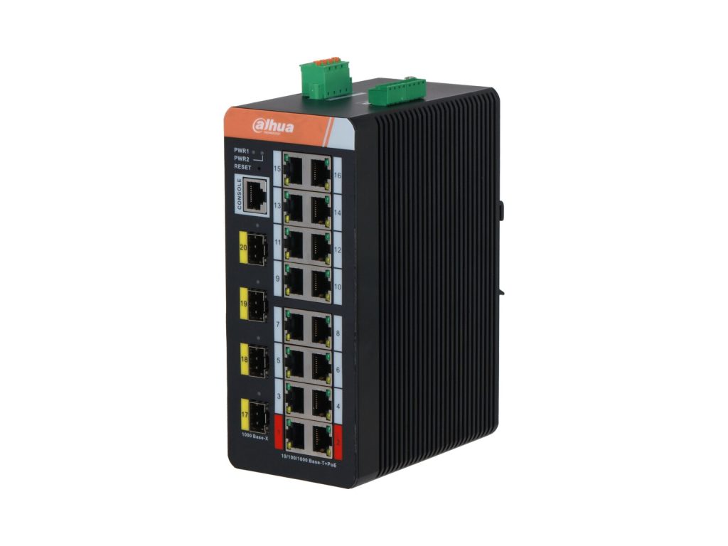 Dahua PFS4420-16GT-DP — по-големият брат с 16 порта + 4 SFP за натоварените кръстовища.