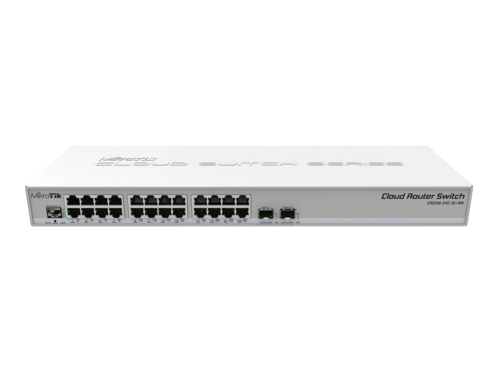 MikroTik CRS326-24G-2S+RM — етернет комутаторът за сървърите и работните станции.