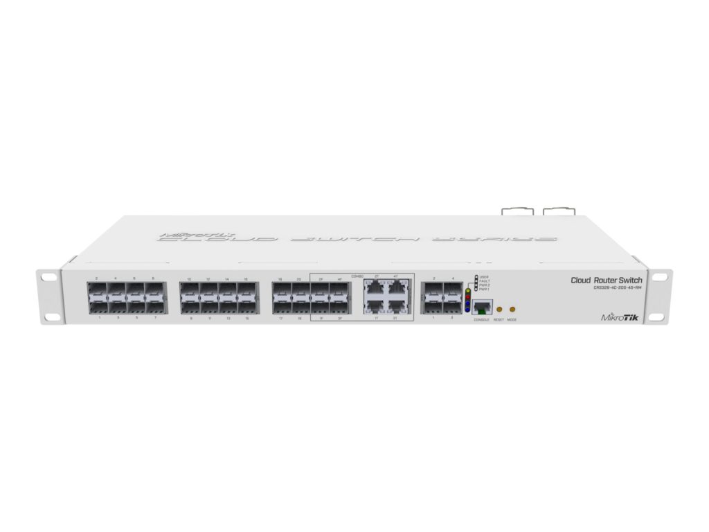 MikroTik CRS328-4C-20S-4S+RM — оптичният комутатор, в който влизат влакната от кръстовищата.