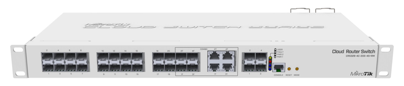 MikroTik CRS328-4C-20S-4S+RM — оптичният 10G комутатор в сървърното: 20 SFP, 4 combo и 4 SFP+ порта.