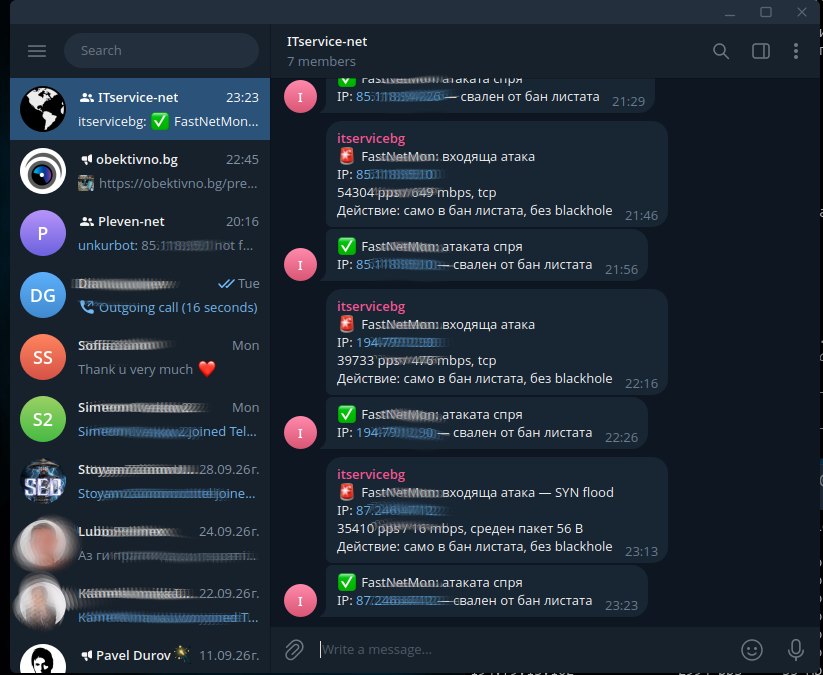 Telegram известия от FastNetMon за входяща SYN flood DDoS атака